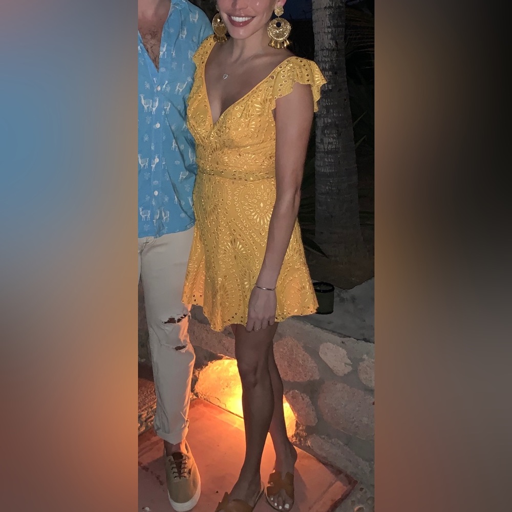 Karina Grimaldi Yellow Eyelet Lace V Neck Ruffle Sleeve Dress